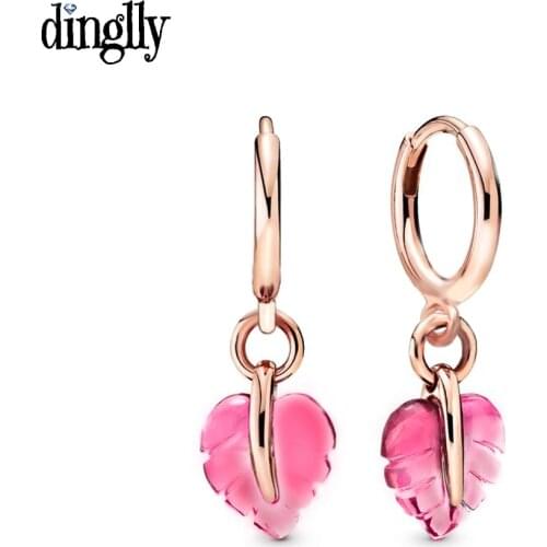 DINGLLY Pink Murano Glass Leaves Stud Earring For Women Girls Circular Buckle Fine Dinosaur Butterfly Charm Earrings Couple Gift