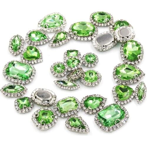 Wedding decorations Light Green crystal buttons mix shape sew on glass rhinestones with cup chian rim diy clothing/necklace