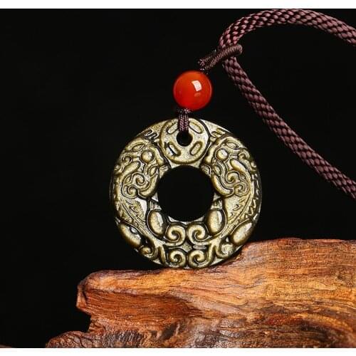 Twin PIYAO Obsidian Necklace Pendant Foo Dog Jewelry Pendant Mens Jewelry Talisman Charm Jewelry
