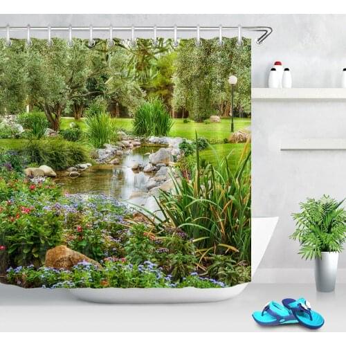 Park Garden Tree Flower Pond Nature Landscape Shower Curtain Bathroom Polyester Waterproof Fabric Curtains Home Bathtub Curtain