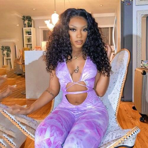 Tie Dyeing Print Jumpsuit Rompers 2020 Sexy Women Deep V-neck Hollow Long Pants Trousers Summer Sports Bodycon Jumpsuit Playsuit