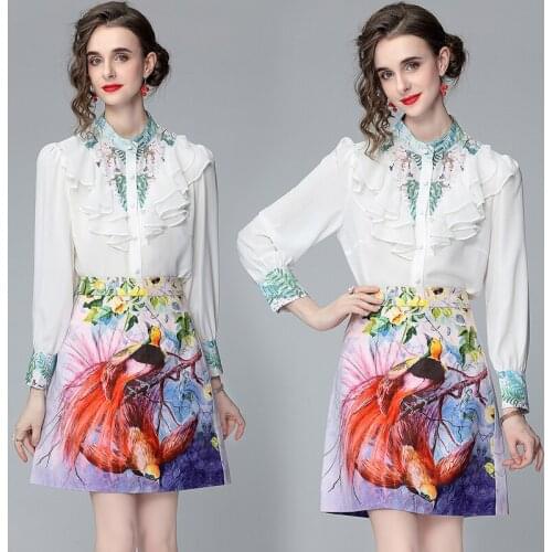 Dropshipping Summer New Runway 2pcs Women Set Vintage Print Ruffled Stand Neck Long Sleeve Top Shirt Blouse Skirt Suits Outfits