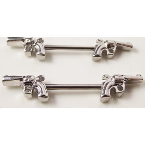 2 piece 14G Punk Rock Doube Gun Nipple Shield Rings Body Piercing Jewelry Love pistol Barbell Nipple Rings Bar Women Gift