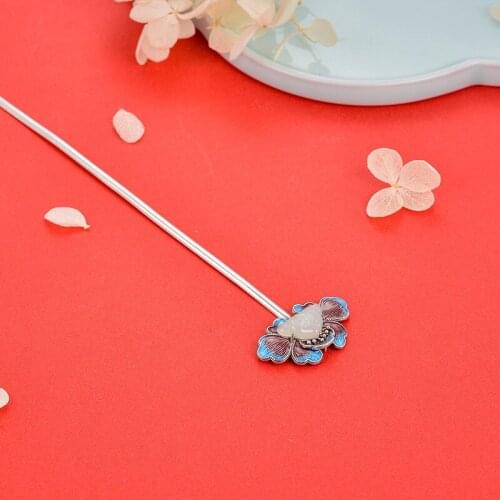 925 Sterling Silver Hair Stick Fan Handmade Hairpin Fine Cloisonne Jewelry With Jade
