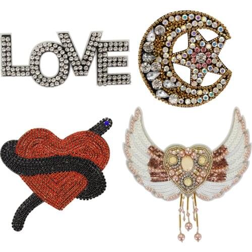 Beaded Rhinestone LOVE Heart Sequin Wings Patches Moon Star Applique DIY Clothes Hat Shoes Headwear Hair Clips Decor Sewing