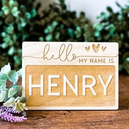 Engraved wooden baby name sign Hello My Name Is custom heart birth Announcement Plaque Name Reveal baby shower gift photo prop