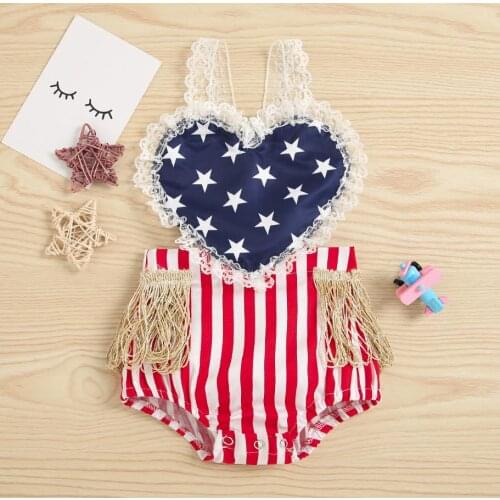 Independence Day Baby Girls Romper Summer Baby Girls Star Striped Printing Heart Lace Splicing Sleeveless Bodysuits Jumpsuit