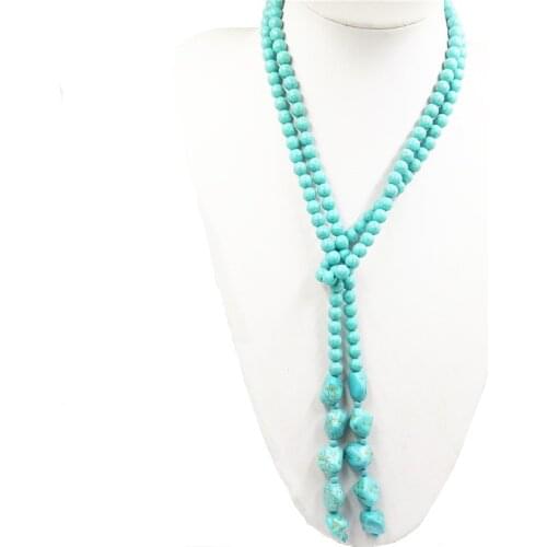 New Hot sale Bohemia style 6mm calaite turquoises stone round beads long chain necklace women statement diy jewelry 50inches