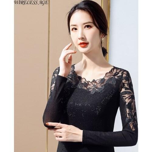 WIRELESS AGE T Shirt Women Long Sleeve Round Neck Mesh Flower Lace Slim Commute Womens Tops New Summer Fashion Wild T Shirt