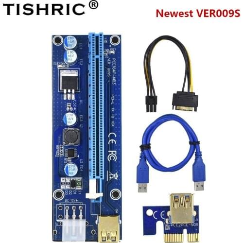 TISHRIC 009S Riser Card New PCI-E 1X To 16X Extender 6Pin USB 3.0 Riser Adapter PCI PCIE Graphics Extension Cable Miner Mining