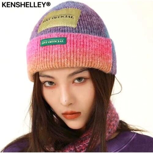 KENSHELLEY High Quality Beanie Fashion Rainbow Color Knitting Beanie Designer Tie-dye Thicken Wool Beanie For Woman