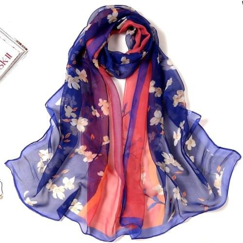 Fashion Chiffon Scarves Silk Scarf Women Double Color Flower Printing Long Soft Wrap Scarf Simulation Silk Shawl Beach Scarf