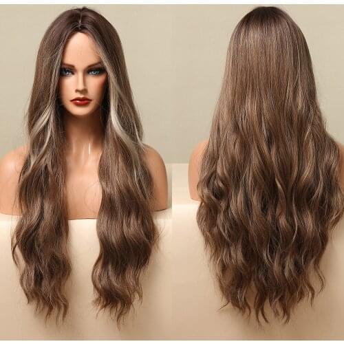 Long Body Wave Wigs Dark Brown Blonde Highlight Synthetic Wig for Women Middle Part Cosplay Party Daily Use Heat Resistant Fiber