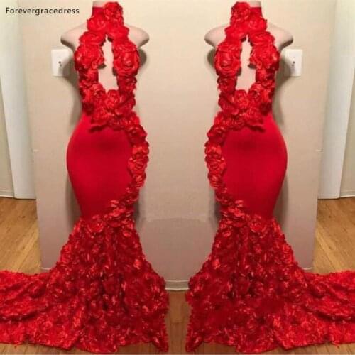 Real Photo Red Colour Prom Dresses Mermaid High Neck With Flowers Party Gowns Women Wears Plus Size