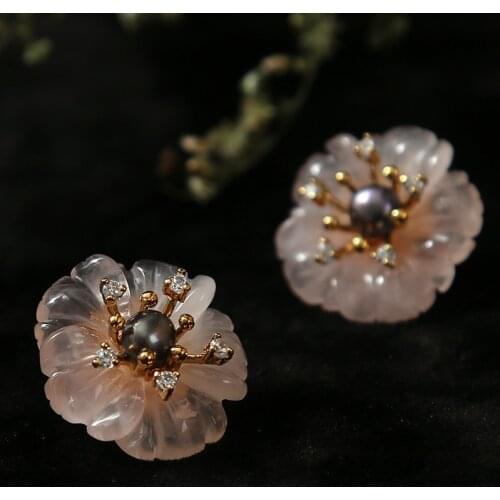 UBESTNICE 925 Sterling Silver Rose Quartz Pink Crystal Flower Stud Earrings For Women Natural Black Pearls Trendy Fine Jewelry