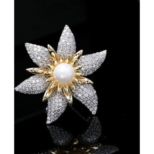 Fashion Luxury Cubic Zirconia Flower Brooch For Women Banquet Coat Accessories High Quality Gold Plated Brooches Pins Jewelry