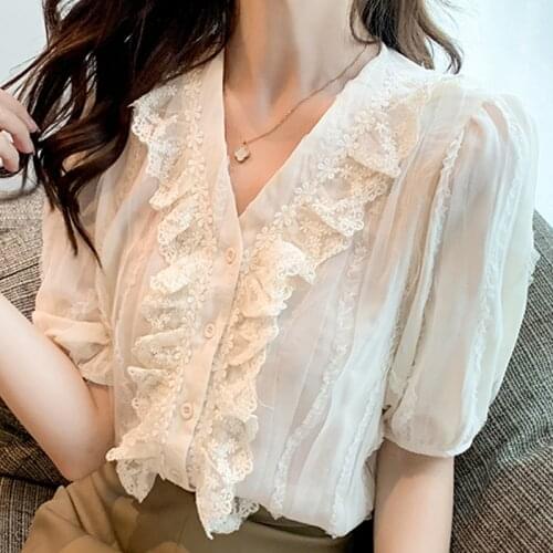 Summer Women Blouse Shirt Tops Short Sleeve Ruffles V-Neck Chiffon Blouse Women Blusas Mujer De Moda 2021 Blouses Shirts F53