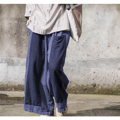 Women Loose Cotton Linen Patchwork Elastic Waist Pants Female Loose Wide Leg Spliced Pants Ladies 2020 Wide Leg Trousers