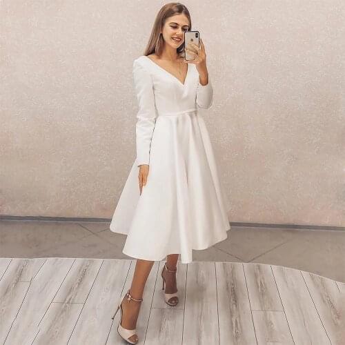Weiyin AE0725 Short Wedding Dress 2021 A-Line Long Sleeve V-Neck Simple Boho Vintage For Women Robe De Mariee Bridal Gowns