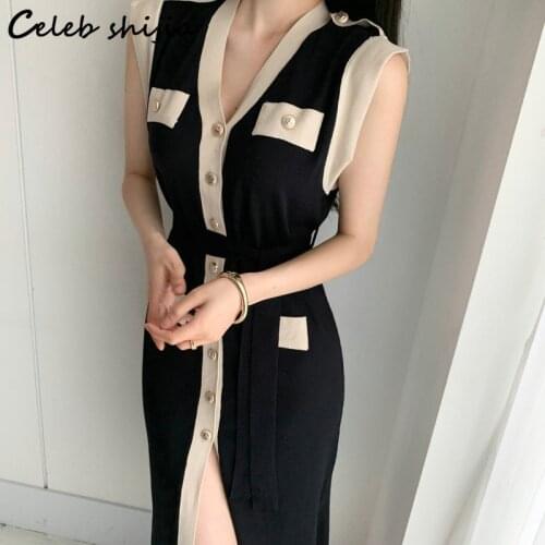 SHIJIA Elegant Knitted Dress for Woman Sleeveless Fall 2021 V-neck Chic Sweater Dress Vestido Female Korean Single-breasted Knit