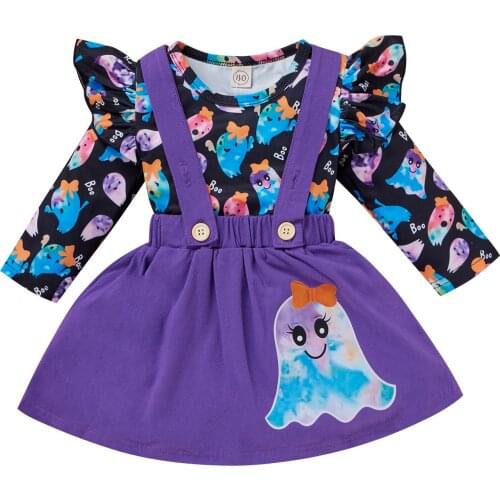 2021 Newest Halloween Lovely Kids Girls 2pcs Clothes Sets Ruffles Long Sleeve Cartoon Printed T Shirts Suspenders Skirt