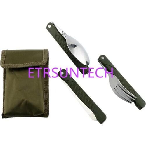 Army Green Folding Portable Stainless Steel Camping Picnic Cutlery Knife Fork Spoon Bottle Opener Flatware Tableware Travel Kit