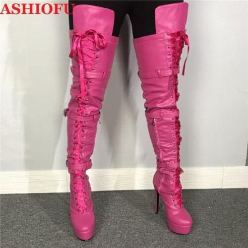 ASHIOFU New Women High Heel Thigh High Boots Cross-straps Wedding Club Over Knee Boots Sexy Knight Ridding Fashion Boots Shoes