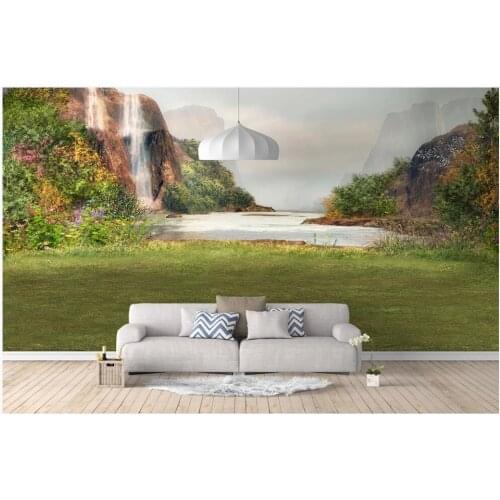Free shipping wall paper 3 d custom mural Fresh grass pastoral waterfall nature home decor photo wallpaper in the living room