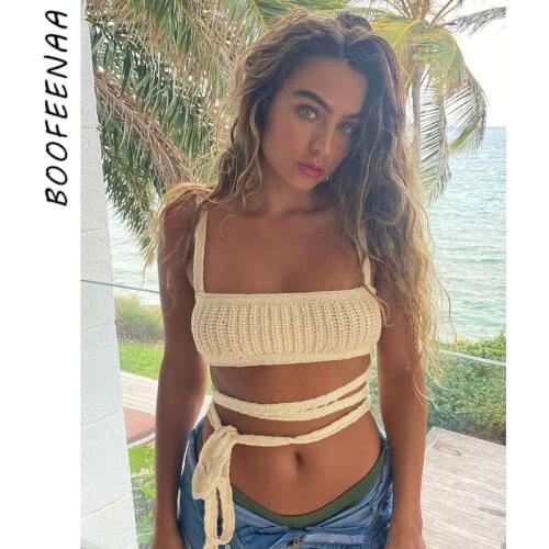 BOOFEENAA Sexy Knit Tank Top Summer Clothes 2021 Backless Tie Up Bandage Tops for Women Vacation Club Wear C83-BG16