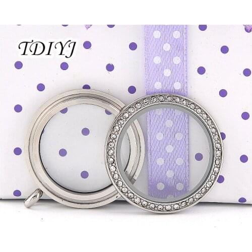 TDIYJ 10Pcs High Quality 30mm Stainless Steel Round Twist Memory Locket with White Crystals for Floating Charms as Women Gifts