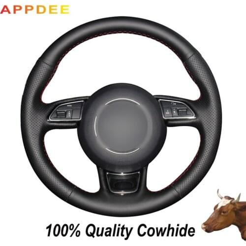 Hand-stitched Black Genuine Leather Steering Wheel Cover for Audi S1 (8X) S3 (8V) Sportback S4 (B8) Avant S5 (8T) S6 S7 RS Q3