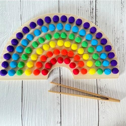 Montessori Play Wooden Rainbow Color Sorting Tray Toy Matching Game Learning Counting Board Fine Motor Development Toy + Tweezer