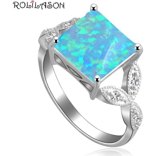 Blue fire Opal silver plated Stamped Ring Royal design Square shape Fashion Jewelry Rings USA size #6.5 #7.5 #8#9 OR554