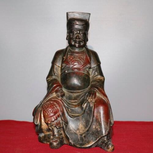 13"Chinese temple collection Old Bronze Cinnabar Lacquer Shakyamuni Buddha Sitting lotus Ornaments Town House Exorcism