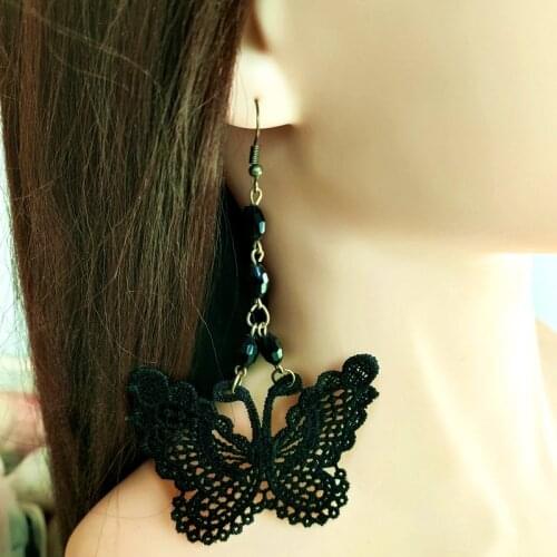 New Black Lace Earrings Crystal Bead Earring Handmade серьги 3D Personality Butterfly Black Lace Tassel Earrings Peach Earring