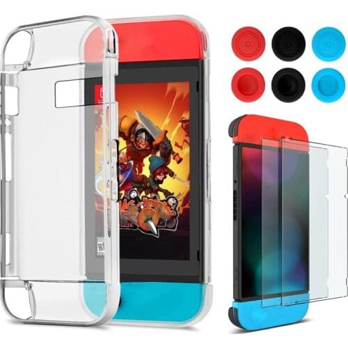 3 in 1 For Nintendo Switch Transparent Back Hard Case +Tempered Glass Screen Protector + 6pcs Thumb Grips Caps
