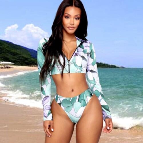 Sexy Women Long Sleeves Zipper Swimsuit Bikini Swimwear Set S-XL Printed Summer Push Up Swimsuit High Waist Bikini Monokini