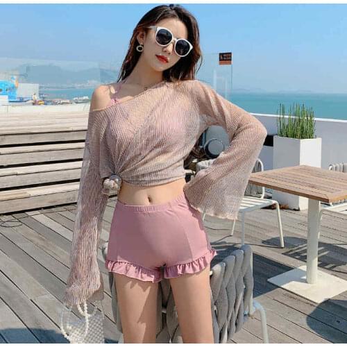 Sexy Split Swimsuit Female 2021 New Fairy Fan Small Chest Gathered Ins Three-Piece Hot Spring Conservative Cover Belly Was Thin