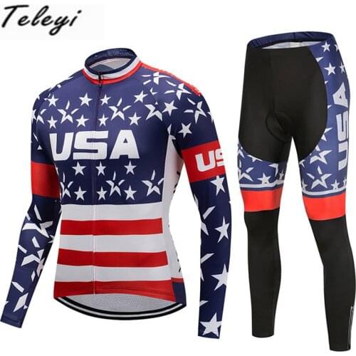 TELEYI Men Cycling Jersey Pro Team USA Long Sleeve Breathable Set Ropa Ciclismo MTB Pants Suit Spring/Autumn Cycling Clothing