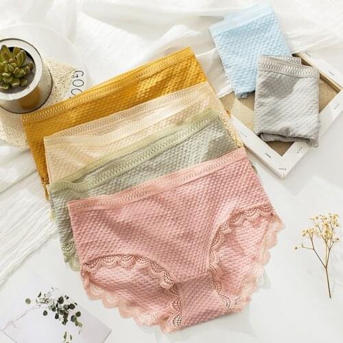 3Pcs Cotton Women Panties Briefs Thread Lace Underwear Breathable Solid Candy Color Women Girl Briefs Underpant Lingerie Panty