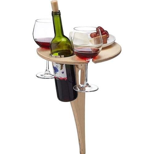 Outdoor Foldable Beach Wooden Wine Table with Mini Round Desktop Travel Picnic Camping Equipment Easy Carrying Low Wine Rack
