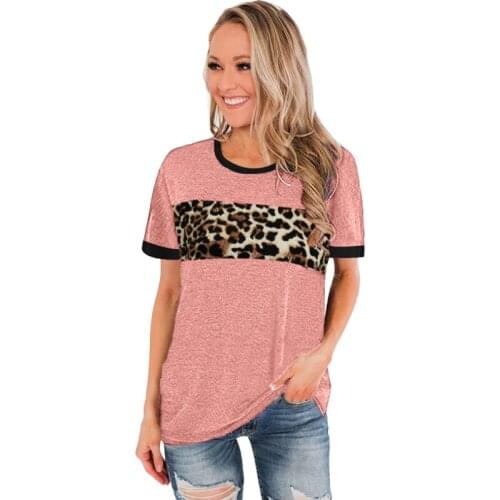 2021 Womens Clothing Spring and Summer New Round Neck Leopard Pattern Splicing Short Sleeve T-shirt