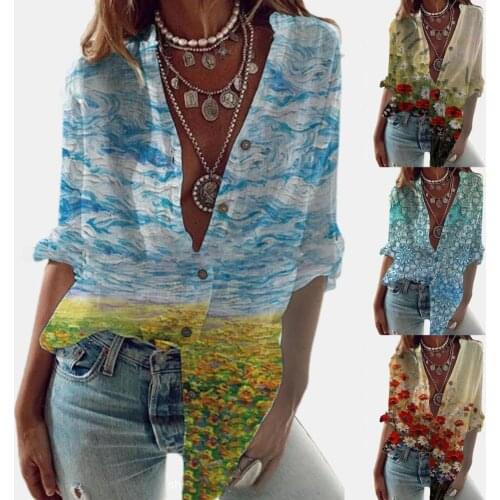 Spring/Summer Women Shirt Long Sleeve Floral Print Single-breasted Loose Blouse Top for Office