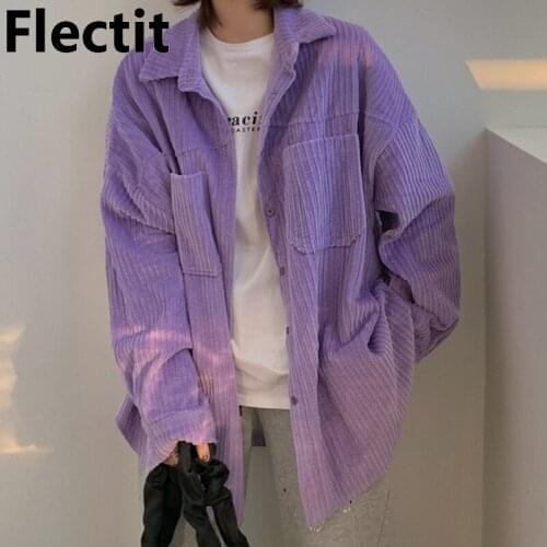 Flectit Oversize Shacket Women Long Sleeve Lapel Collar Button Up Chest Pocket Corduroy Jacket Coat Female Fall Winter Overshirt