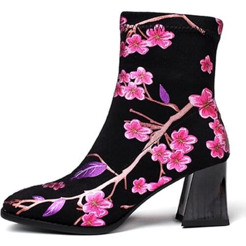US4-11 Womens Ankle Boots Printd Floral Mixed Colors Stretchy Block Chunky High Heel Shoes Suede Leather Black Plus Size