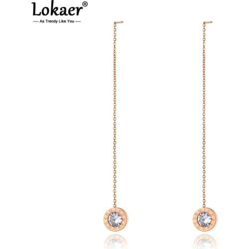 Lokaer Titanium Stainless Steel CZ Crystal Roman Numerals Tassel Earrings Fashion Bohemia Dangle Earrings For Women Girls E20213