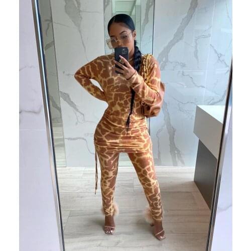 QY0505 Ladies Suit Fashion Leopard Print Long-Sleeved Top Trousers Two-Piece Leisure Long Street Home Suit Women