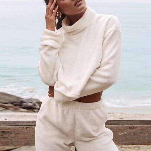Women Solid Fleece Two Piece Set Casual Turtleneck Velvet Tracksuit Fashion Loose Long Sleeve Cropped Top And Harem Pants Suits