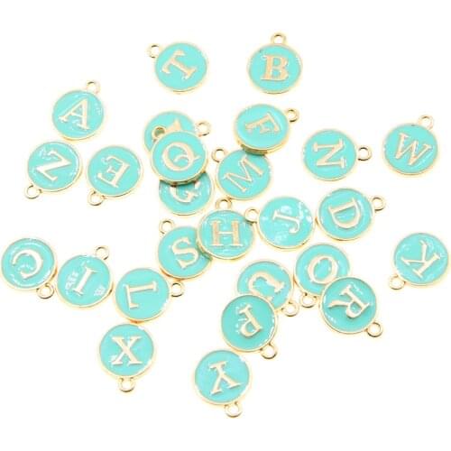 10pcs/26pcs green Alphabet Letter Double Face Enamel Charms Gold color 12*15mm pendants jewelry making Handmade craft