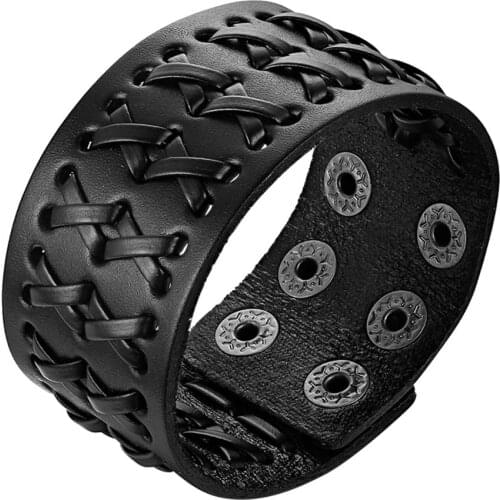 BONISKISS 2020 New Fashion Mens Genuine Leather Wide Bracelets Bangles Size Adjustable Wrap Bracelet For Men